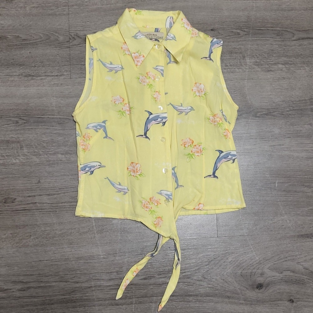 Vintage Natural Reflections 90s‎ Dolphin Yellow Sleeveless Top Collared sz S